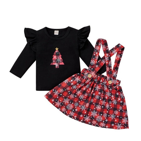 Girls Christmas Clothing Print Tshirt  and Plaid Skirts